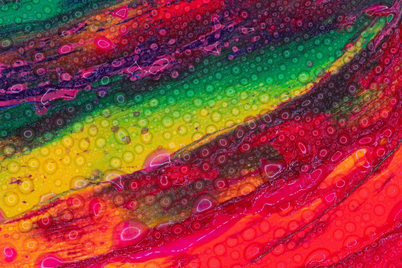 a close up of a colorful abstract painting, a microscopic photo, inspired by Alma Thomas, flickr, psychedelic art, rainbow liquids, vibrant red and green colours, light micrograph, ink and colour on silk