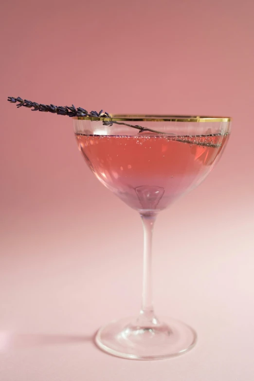a glass filled with pink liquid and a sprig of lavender, inspired by Ndoc Martini, renaissance, uncropped, promotional image, scepter, epicurious