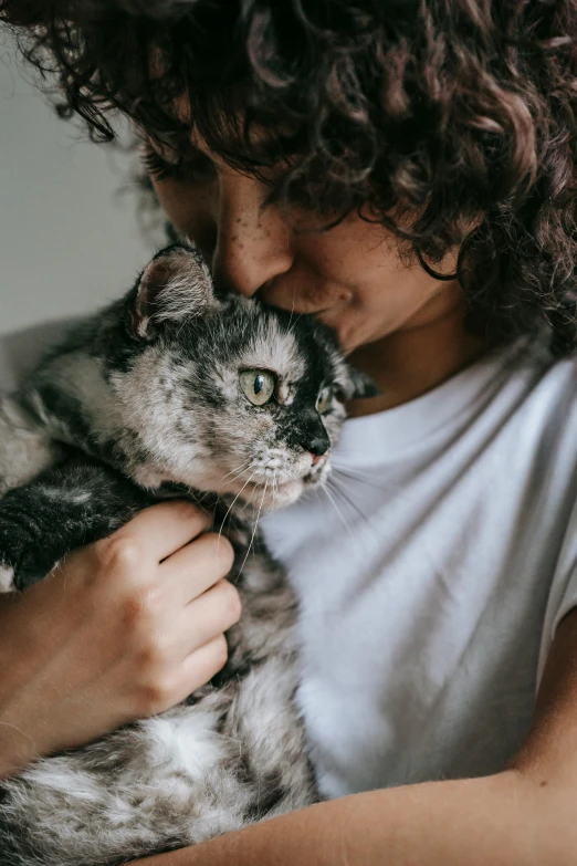 a woman holding a cat in her arms, pexels contest winner, teenage boy, curly haired, gif, ad image