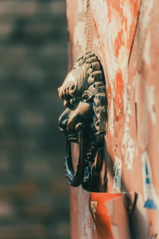 a close up of a door handle on a building, a statue, inspired by Li Kan, trending on unsplash, cloisonnism, nepal, letterbox, third lion head, in a narrow chinese alley