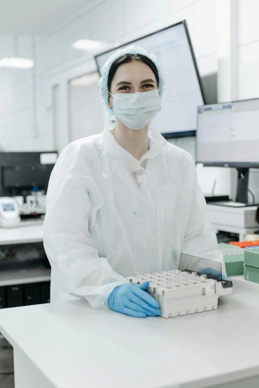 a woman in a lab wearing a mask and gloves, reddit, pathology sample test tubes, thumbnail, portrait image, 1