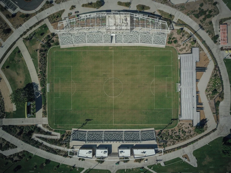 an aerial view of a soccer field, a digital rendering, by Carey Morris, unsplash contest winner, cinematic architectural scale, sydney park, structure : kyle lambert, baseball stadium