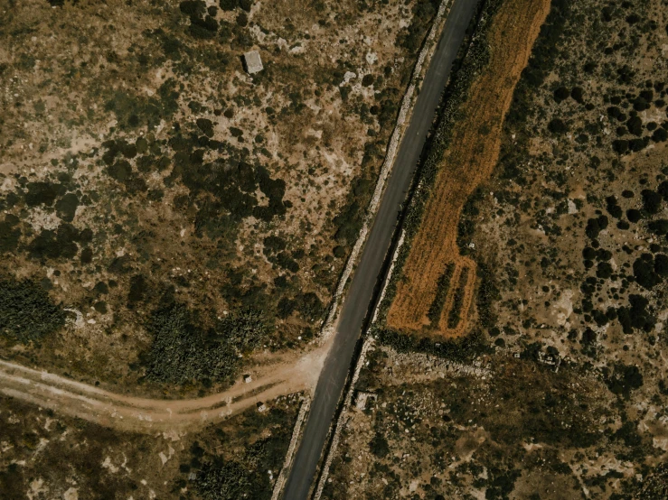 an aerial view of a road in the middle of a field, by Emma Andijewska, israel, flatlay, war photo