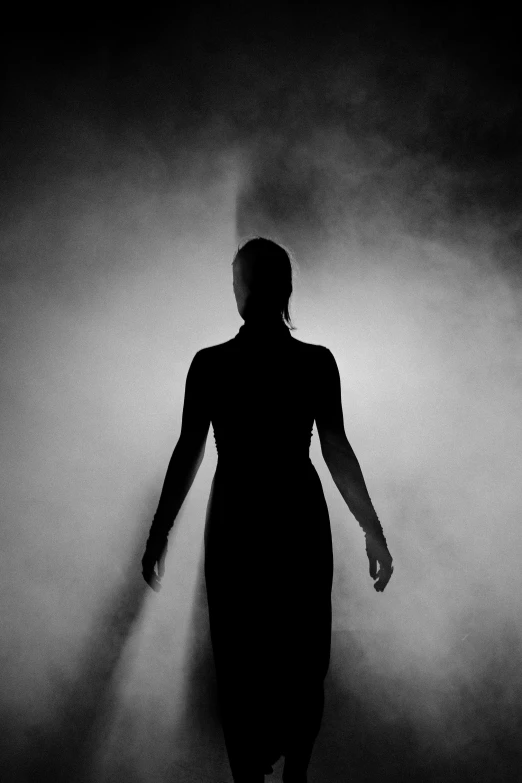 a woman in a black dress standing in the fog, inspired by Lillian Bassman, pexels contest winner, conceptual art, back lit, spotlight in middle of face, with his back to the viewer, concert