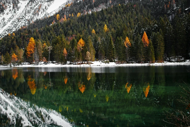 a body of water surrounded by trees covered in snow, by Sebastian Spreng, pexels contest winner, autumnal colours, dolomites, thumbnail, glossy surface