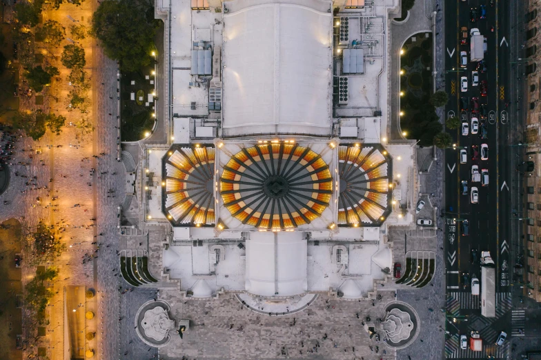 an aerial view of a cathedral at night, unsplash contest winner, berlin secession, mexico, rounded roof, highest detail, fan favorite