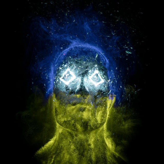 a man with a glowing head in the dark, digital art, by Adam Marczyński, pexels contest winner, watery crystal glow eyed, sulfur, cmyk portrait, water is made of stardust