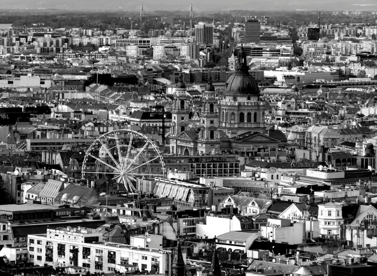 a black and white photo of a city with a ferris wheel, by Zoltán Joó, pexels contest winner, baroque, view from high, big!!!!!!!!!!!!, detailed zoom photo, day cityscape