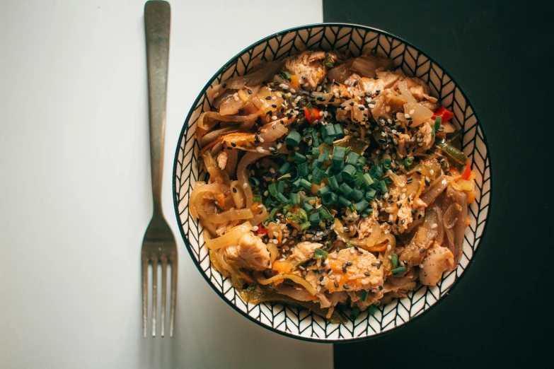 a close up of a bowl of food with a fork, pexels contest winner, mingei, fan favorite, full body image, asian descent, a blond