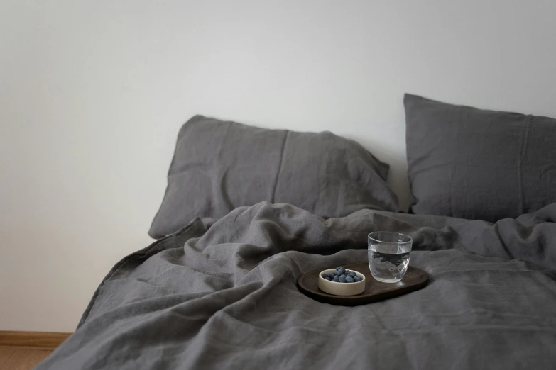 a tray that is sitting on top of a bed, by Frederik Vermehren, dark grey, sheet, high quality image, handmade