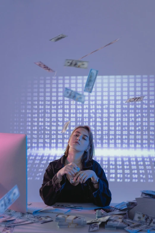 a woman sitting in front of a computer surrounded by money, a hologram, by artist, trending on pexels, as she looks up at the ceiling, yung lean, ( ( theatrical ) ), gif