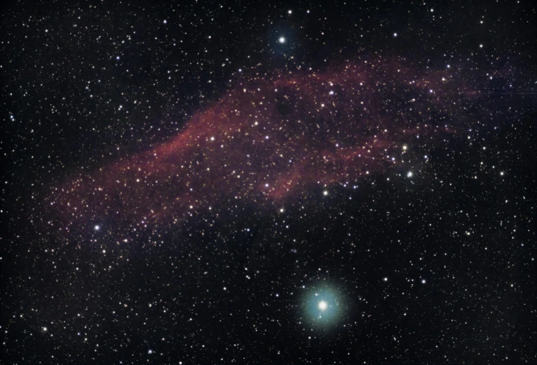 a bright green object in the middle of a space filled with stars, by Kev Walker, hurufiyya, reds), undulating nebulous clouds, the sky is a faint misty red hue, left profile