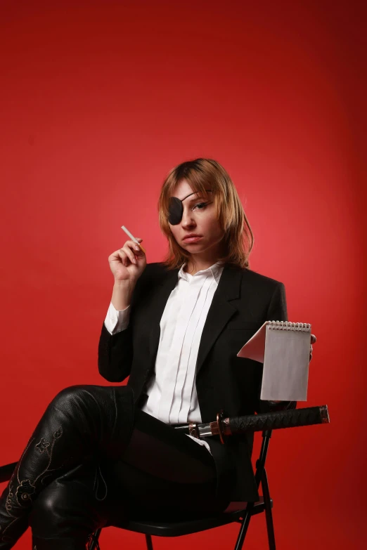 a woman sitting in a chair smoking a cigarette, an album cover, inspired by Lasar Segall, unsplash, neo-dada, full-cosplay, wearing a business suit, eyepatch, with an axe