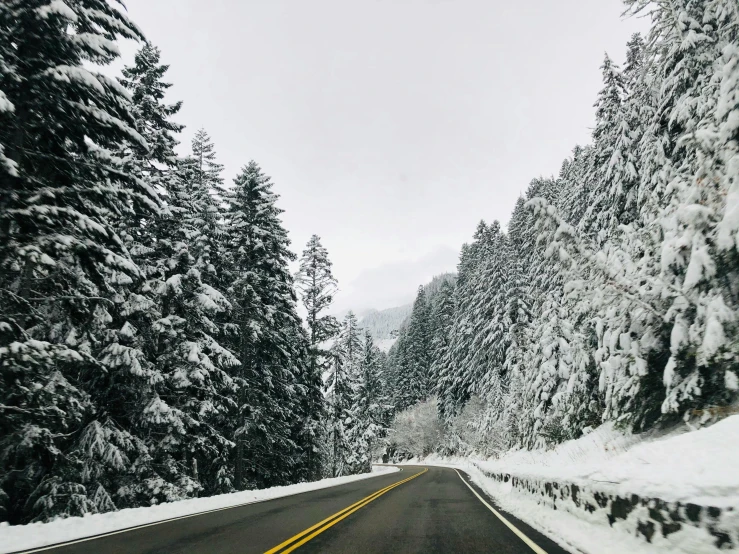 a car driving down a snow covered road, by Carey Morris, pexels contest winner, renaissance, black fir, grey forest in the background, 🚿🗝📝, promo image