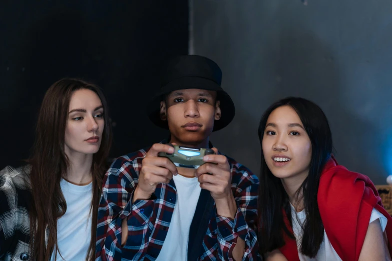 a group of young people sitting next to each other, unsplash, hyperrealism, holding controller, avatar image