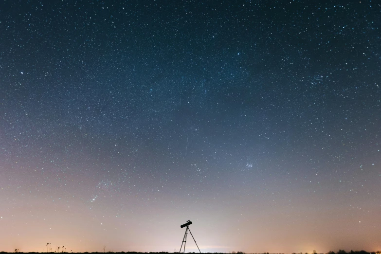 a telescope sitting on top of a field under a night sky, a picture, unsplash contest winner, panorama view of the sky, small spacecraft in background, high resolution, shot from afar