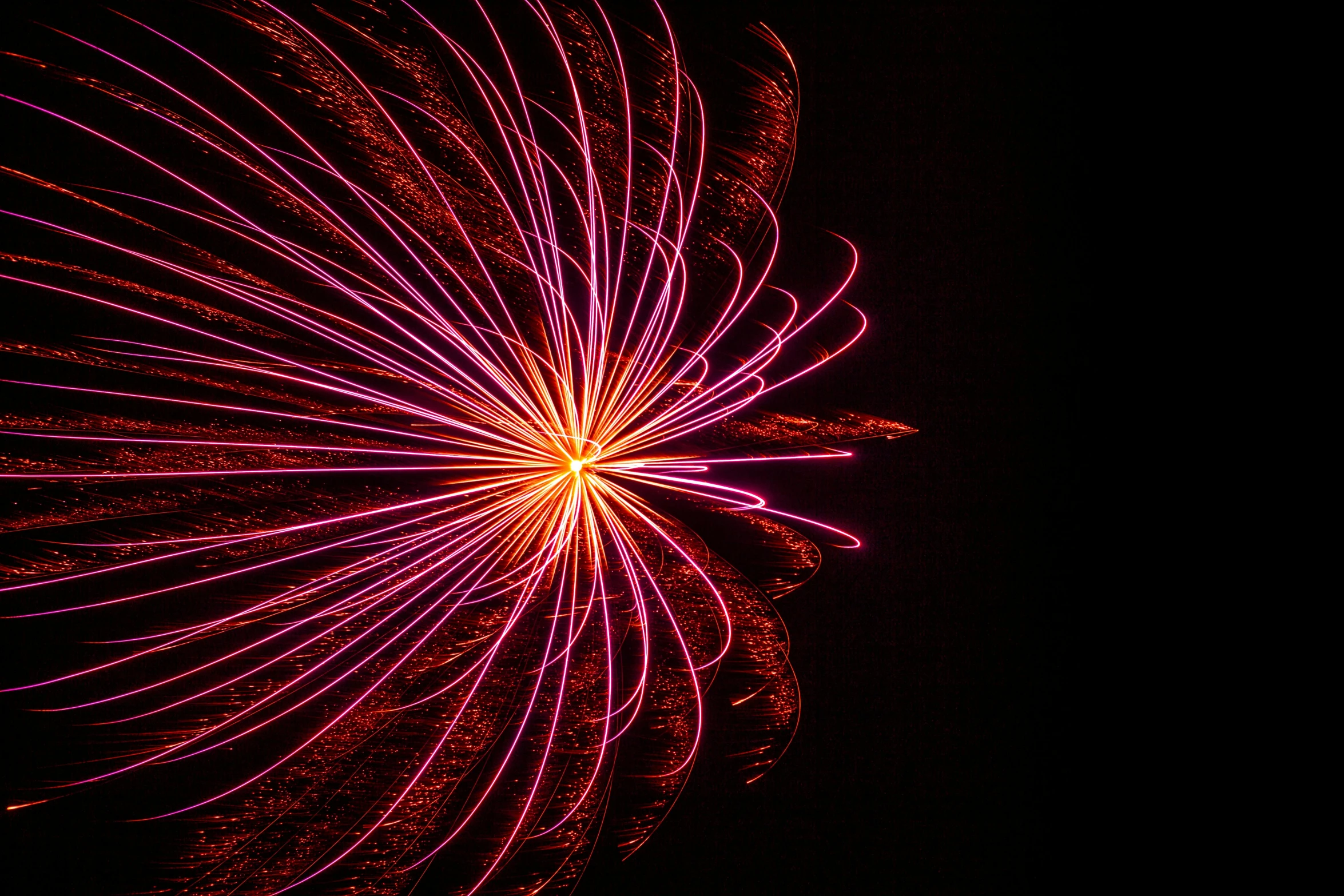 a close up of a firework in the night sky, by Jan Rustem, magenta, intricate lines, 3/4 view from below, light art