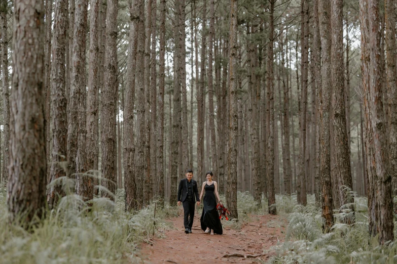 a man and a woman walking through a forest, a portrait, unsplash contest winner, conceptual art, ao dai, sydney park, “ iron bark, black