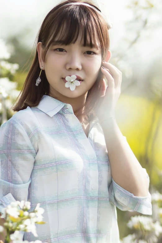 a woman with a flower in her mouth, pixabay contest winner, shin hanga, wearing a plaid shirt, 🌸 🌼 💮, white flower, 5 0 0 px models