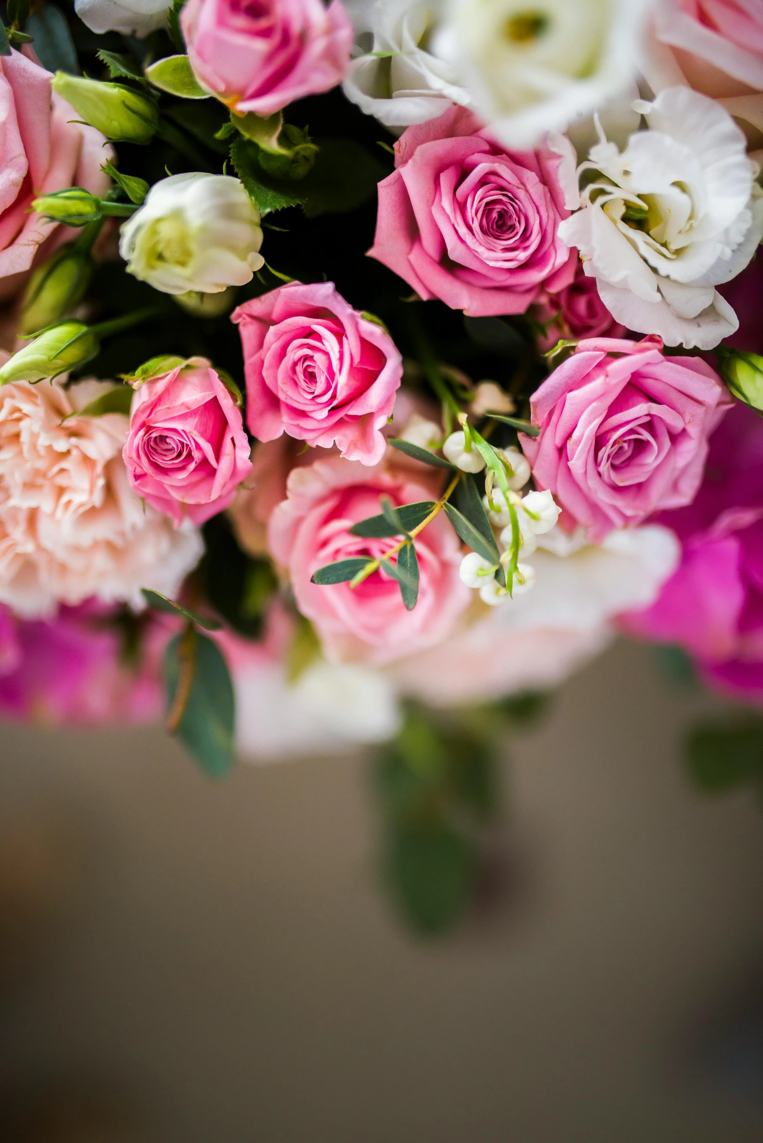 a close up of a bouquet of pink and white flowers, breathtaking quality, vibrant setting, walking down