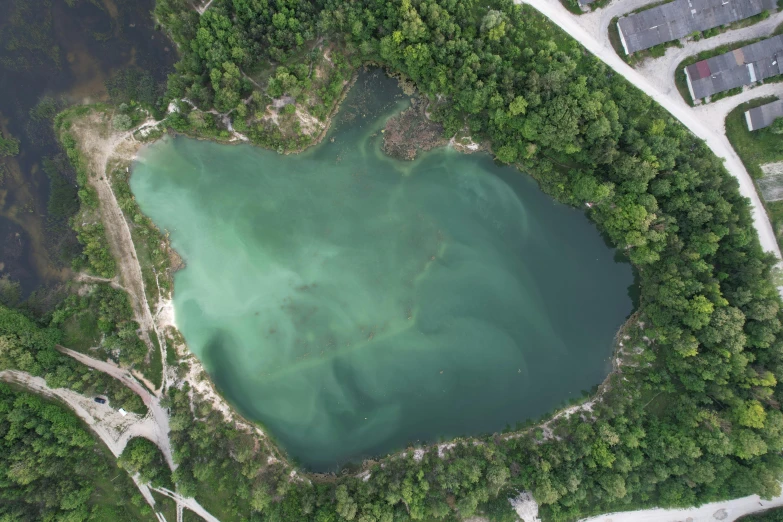 an aerial view of a lake surrounded by trees, by Attila Meszlenyi, pexels, hurufiyya, bioremediation, full of greenish liquid, gray, tie-dye