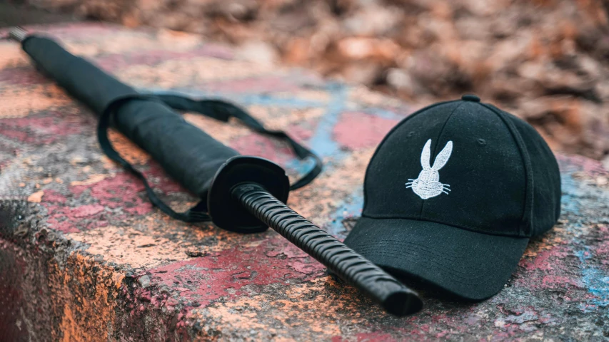 a baseball cap sitting on top of a brick wall, a cartoon, unsplash, bunny with helmet and sword, black tactical gear, playboy bunny, outdoor photo