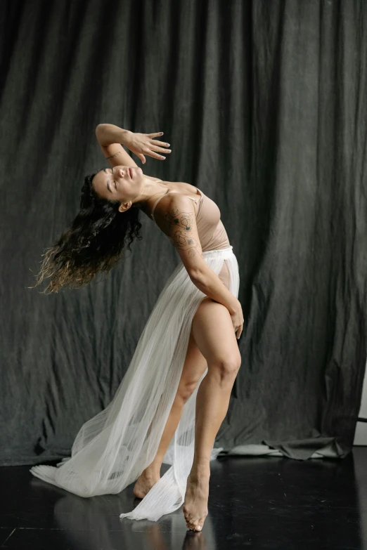 a woman in a white dress is dancing, a portrait, by Elizabeth Polunin, shot with sony alpha, ashteroth, “ full body, mai anh tran