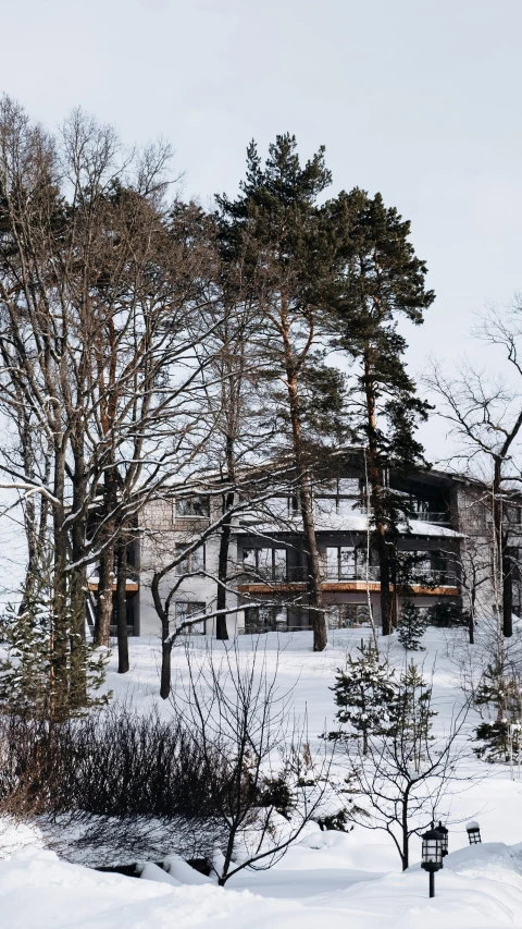 a man riding a snowboard down a snow covered slope, inspired by Eero Järnefelt, modernism, beautiful house on a forest path, taken with sony alpha 9, soviet apartment building, exterior view