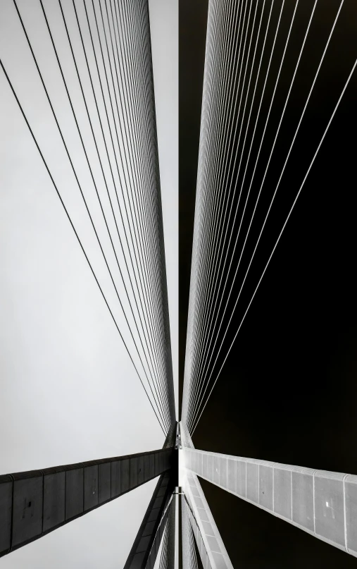 a black and white photo of a bridge, by Doug Ohlson, conceptual art, coated pleats, up-angle view, strings, super sharp image