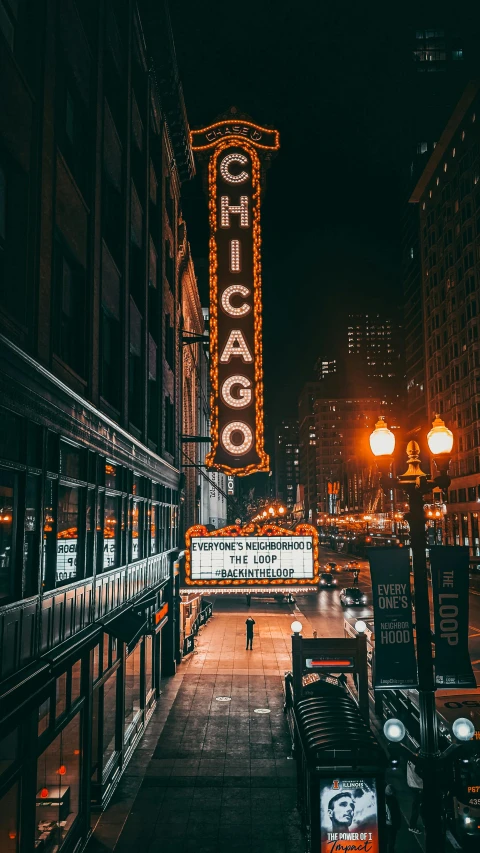 the chicago theater marquee is lit up at night, pexels contest winner, thumbnail, neighborhood, instagram post, (books)