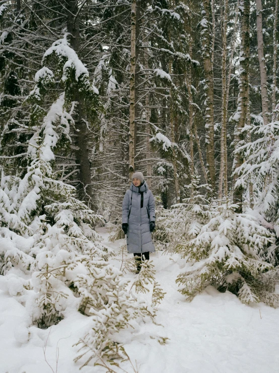 a woman standing in the middle of a snow covered forest, by Grytė Pintukaitė, wearing hunter coat, kodak portra, grey, 000 — википедия