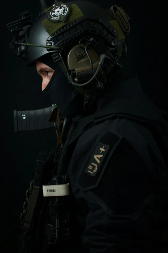 a man wearing a helmet and holding a gun, by Daarken, tactical gear, embroidered uniform guard, ussa, low key