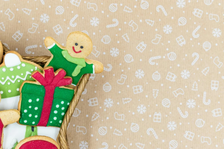 a basket filled with christmas cookies on top of a table, a portrait, inspired by Ernest William Christmas, pexels, naive art, background image, fabric, listing image, wearing in stocking