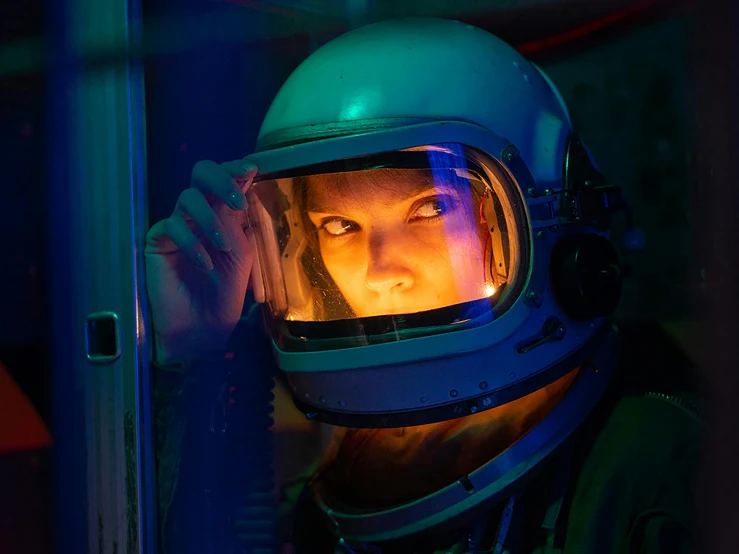 a close up of a person in a space suit, a portrait, by David Donaldson, pexels contest winner, space art, emerging from her lamp, netflix, staring hungrily, instagram picture