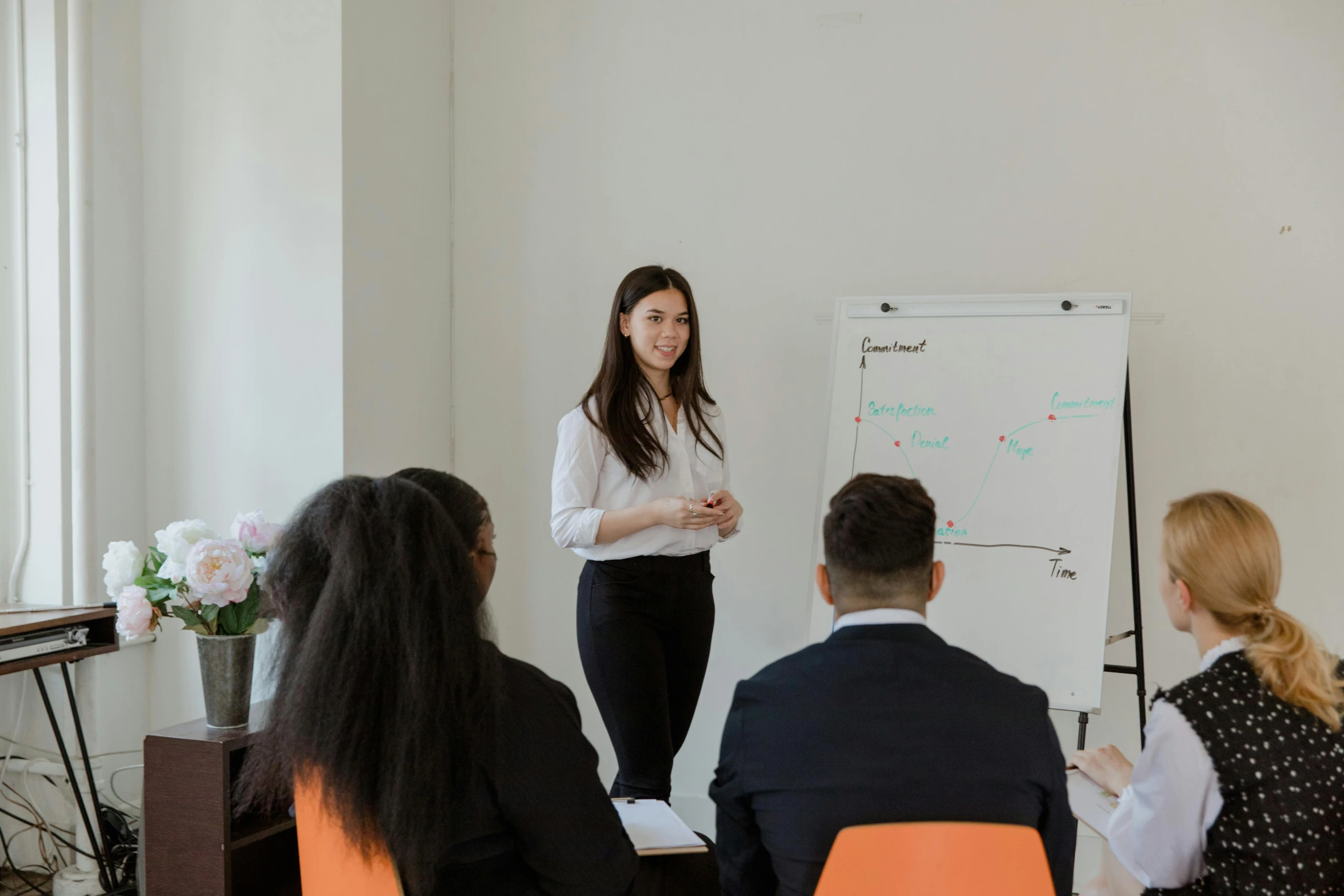 a woman giving a presentation to a group of people, by Emma Andijewska, pexels contest winner, female in office dress, low quality photo, background image, profile image