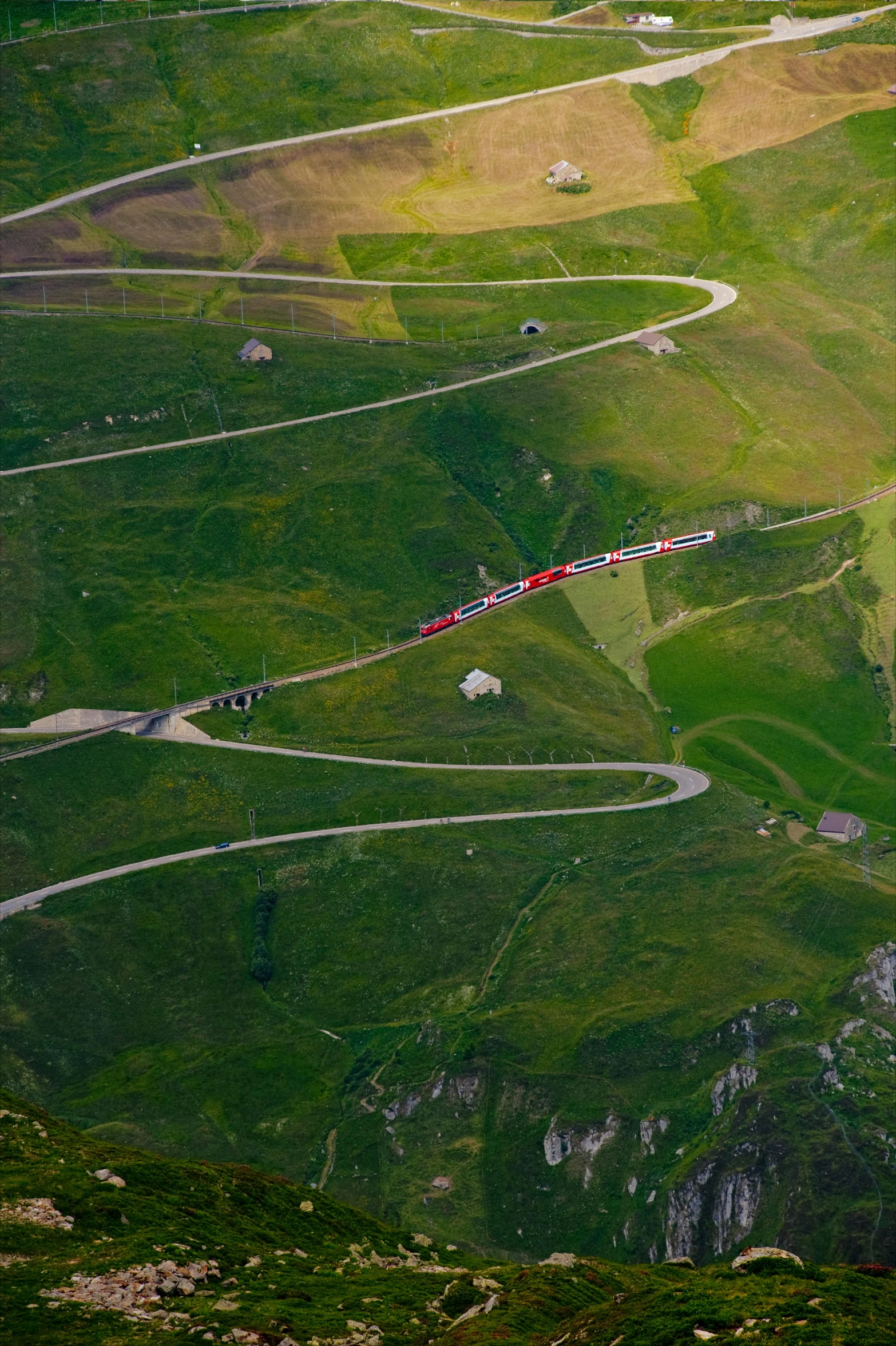 a train traveling through a lush green valley, by Werner Andermatt, land art, massive vertical grand prix race, buses, alp