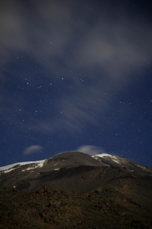 a mountain covered in snow under a night sky, hurufiyya, volcanoes, close - up photograph