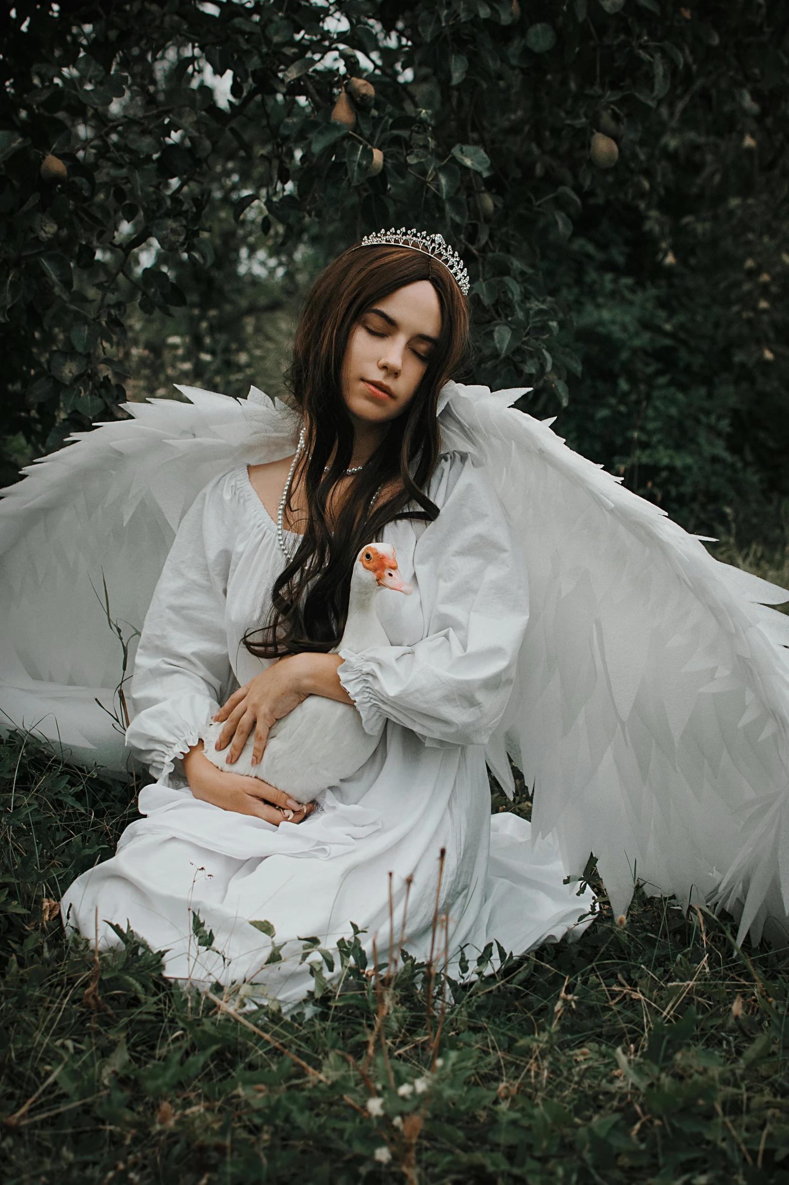 a woman dressed as an angel sitting in the grass, pexels contest winner, renaissance, maternity feeling, soft devil queen madison beer, totalitarian socialist angel, corpse bride style