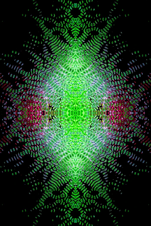 a green and red pattern on a black background, a digital rendering, by Jon Coffelt, flickr, kinetic pointillism, made of crystalized synapse, psychedelic!!!!!!!!!!!!!!!!!!!!!, quantum waves, very coherent symmetrical work