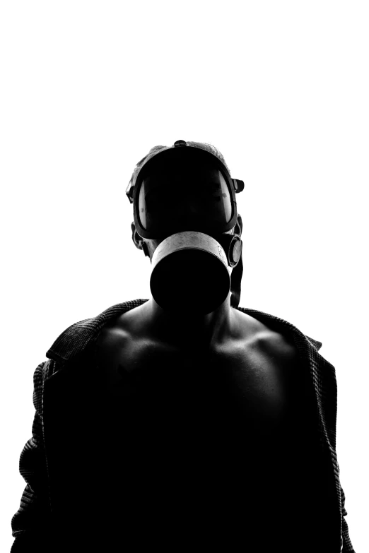 a silhouette of a man wearing a gas mask, a black and white photo, by Adam Marczyński, neo-figurative, general human form, facemask, black undersuit, cardboard