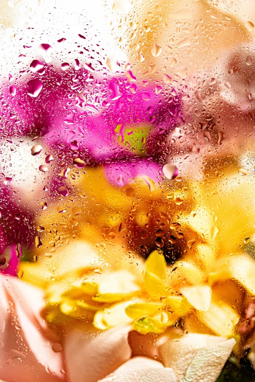 a close up of a person holding a bunch of flowers, an album cover, inspired by Jeff Koons, trending on unsplash, lyrical abstraction, covered in water drops, window ( rain ), pink and yellow, jelly - like texture. photograph