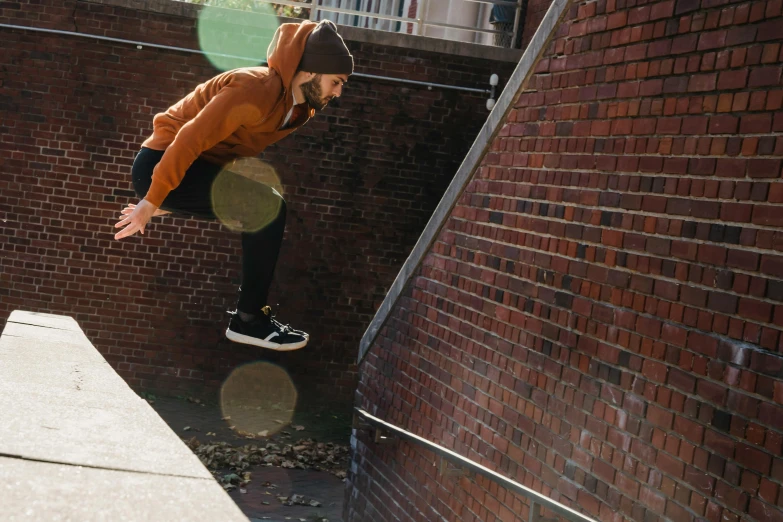 a man flying through the air while riding a skateboard, unsplash, realism, brick, doing a kickflip over stairs, profile image, thumbnail