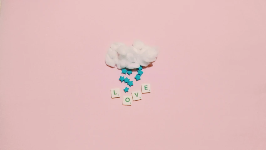 a cloud with the word love spelled on it, by Emma Andijewska, trending on pexels, aestheticism, lego style, tiny stars, pink white turquoise, cute pictoplasma