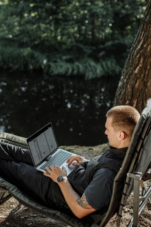 a man sitting in a hammock with a laptop, by Sebastian Vrancx, pexels contest winner, sitting on a tree, norwegian man, side scrolling, inspect in inventory image