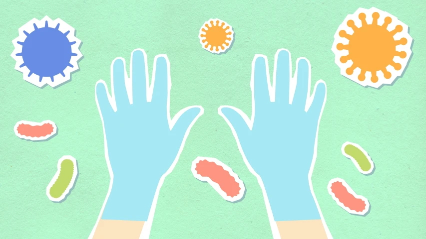 a couple of hands that are in the air, an illustration of, by Julia Pishtar, bacteria, coronavirus, snacks, blue gloves