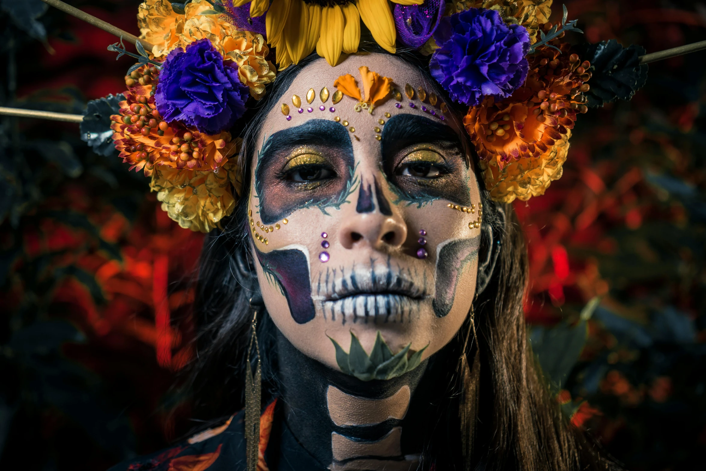 a woman with a flower crown on her head, pexels contest winner, hyperrealism, skull face paint, tlaquepaque, seasonal, avatar image