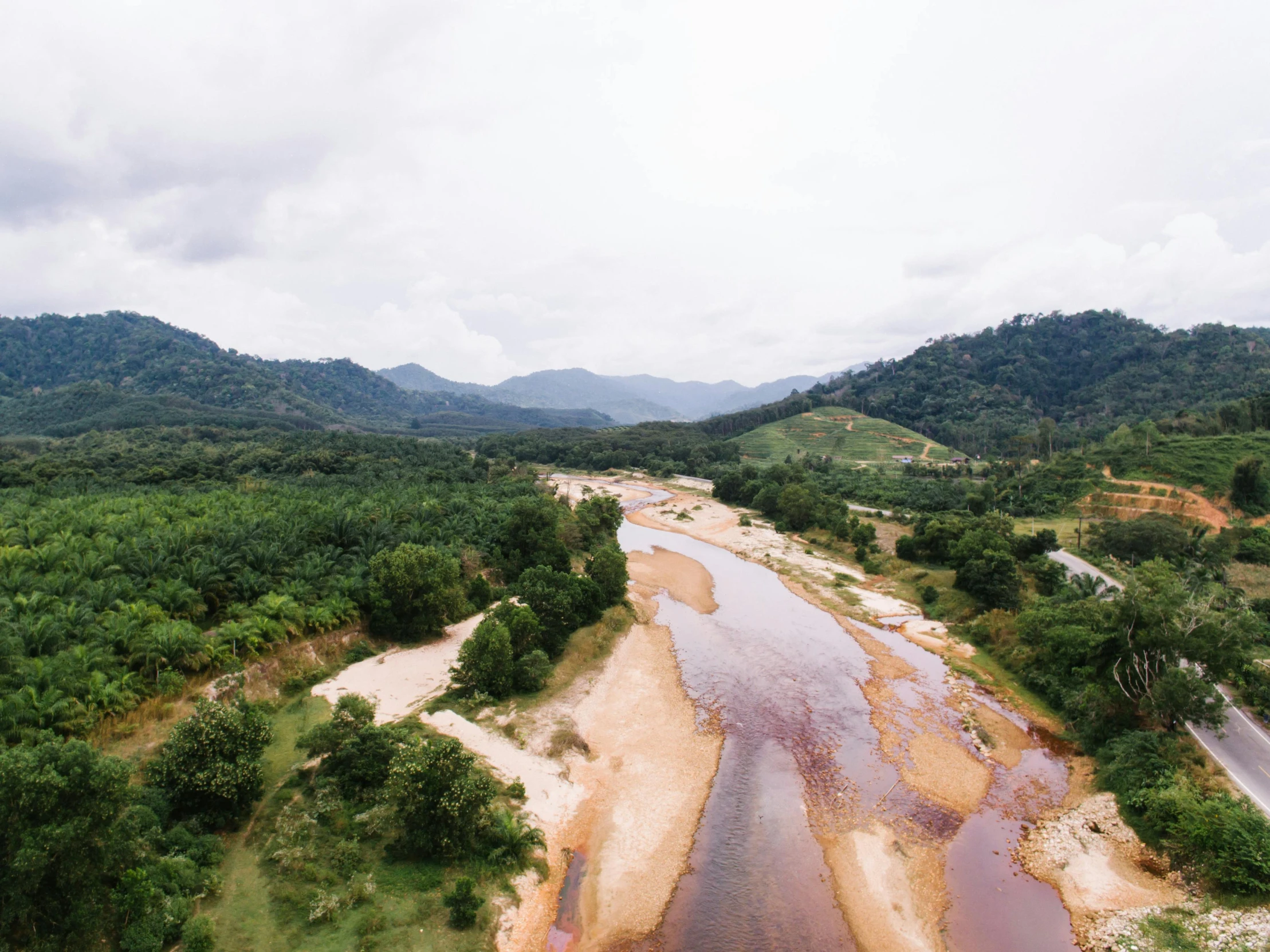 a river running through a lush green forest, an album cover, by Ceferí Olivé, pexels contest winner, sumatraism, landscape of flat wastelands, wide high angle view, sao paulo, ultrawide angle cinematic view