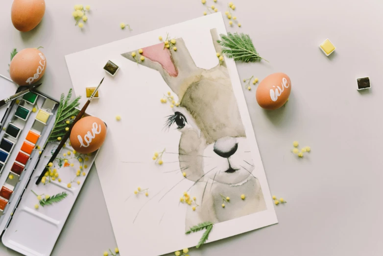 a painting of a rabbit and eggs on a table, a watercolor painting, trending on pexels, background image, decorations, with sparkling gems on top, polaroid picture