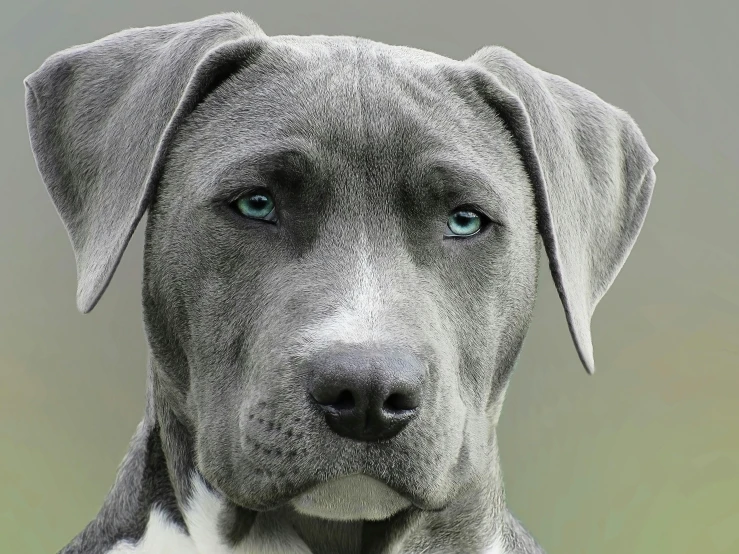 a close up of a dog with blue eyes, pits, titanium, short light grey whiskers, photo render