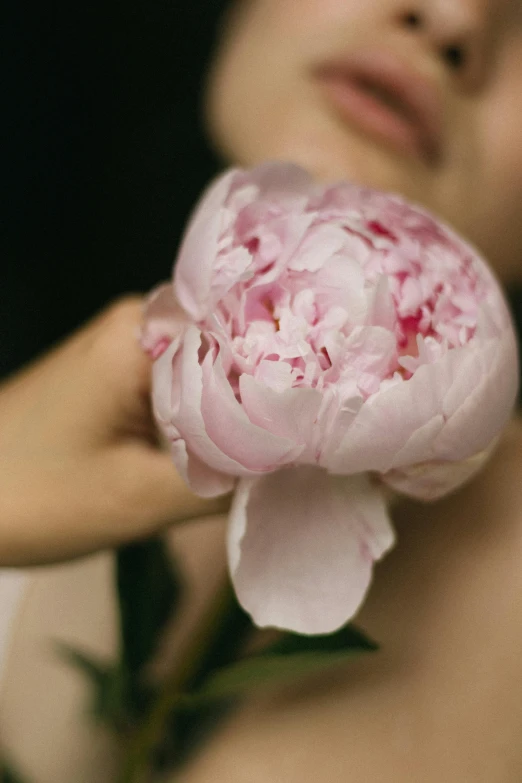 a close up of a person holding a flower, peony, porcelain skin ”, petite, pink mist